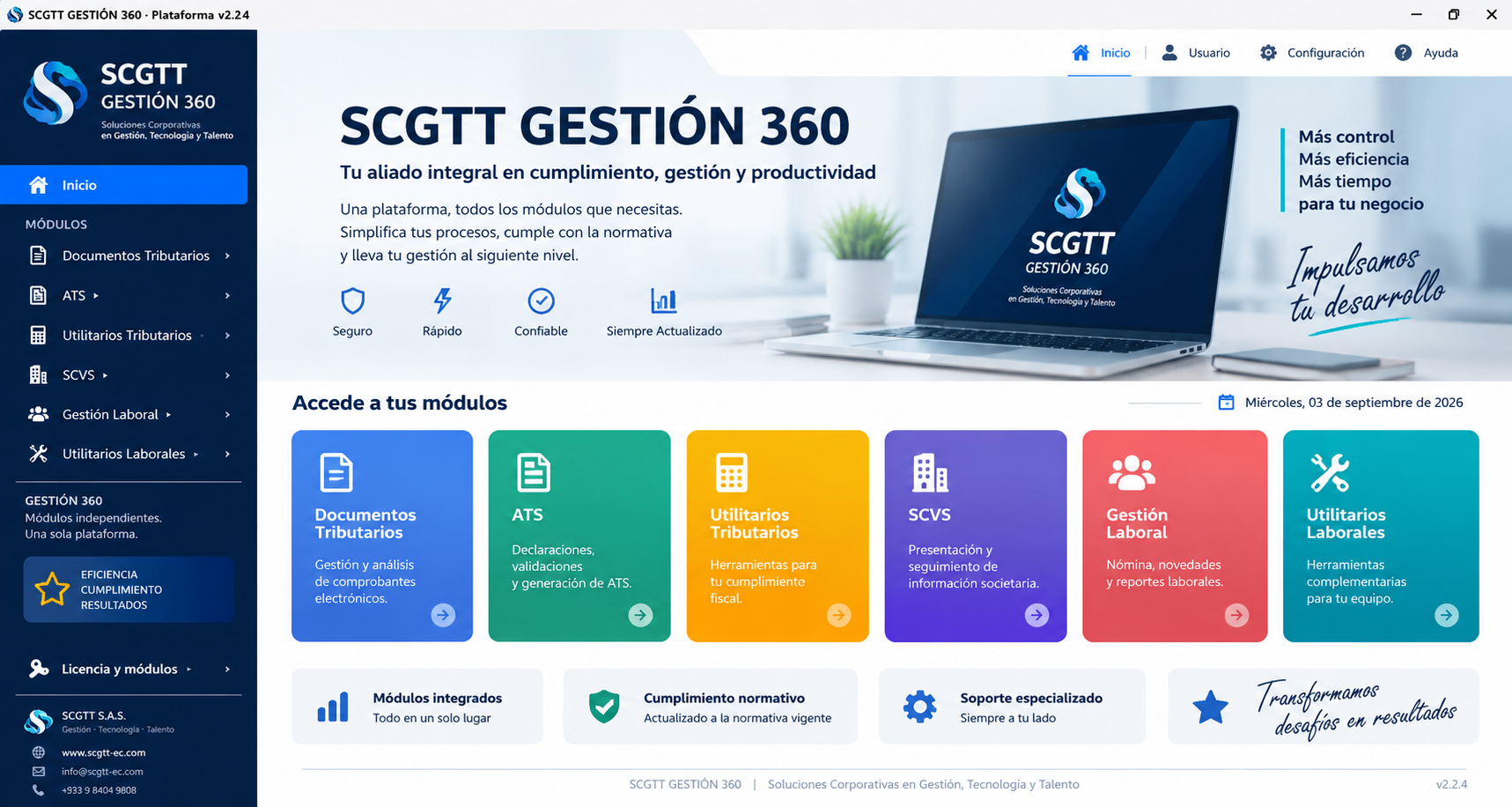 Panel principal de SCGTT Gestión 360 con sus módulos integrados